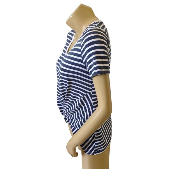 TRIBAL Womens Petite Size PS Striped V Neck Knotted Short Sleeve T Shirt - Picture 3 of 7